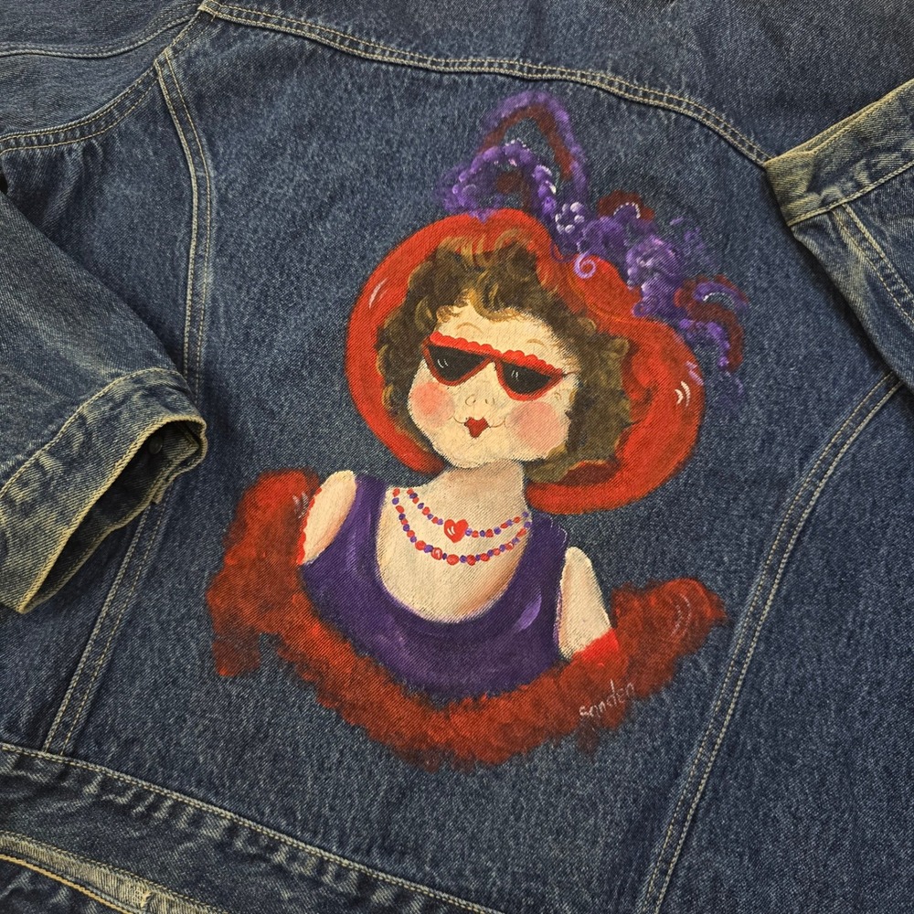 Upcycled‎ Vintage Denim Jacket Handpainted OOAK Red Hat Novelty Art to Wear XL